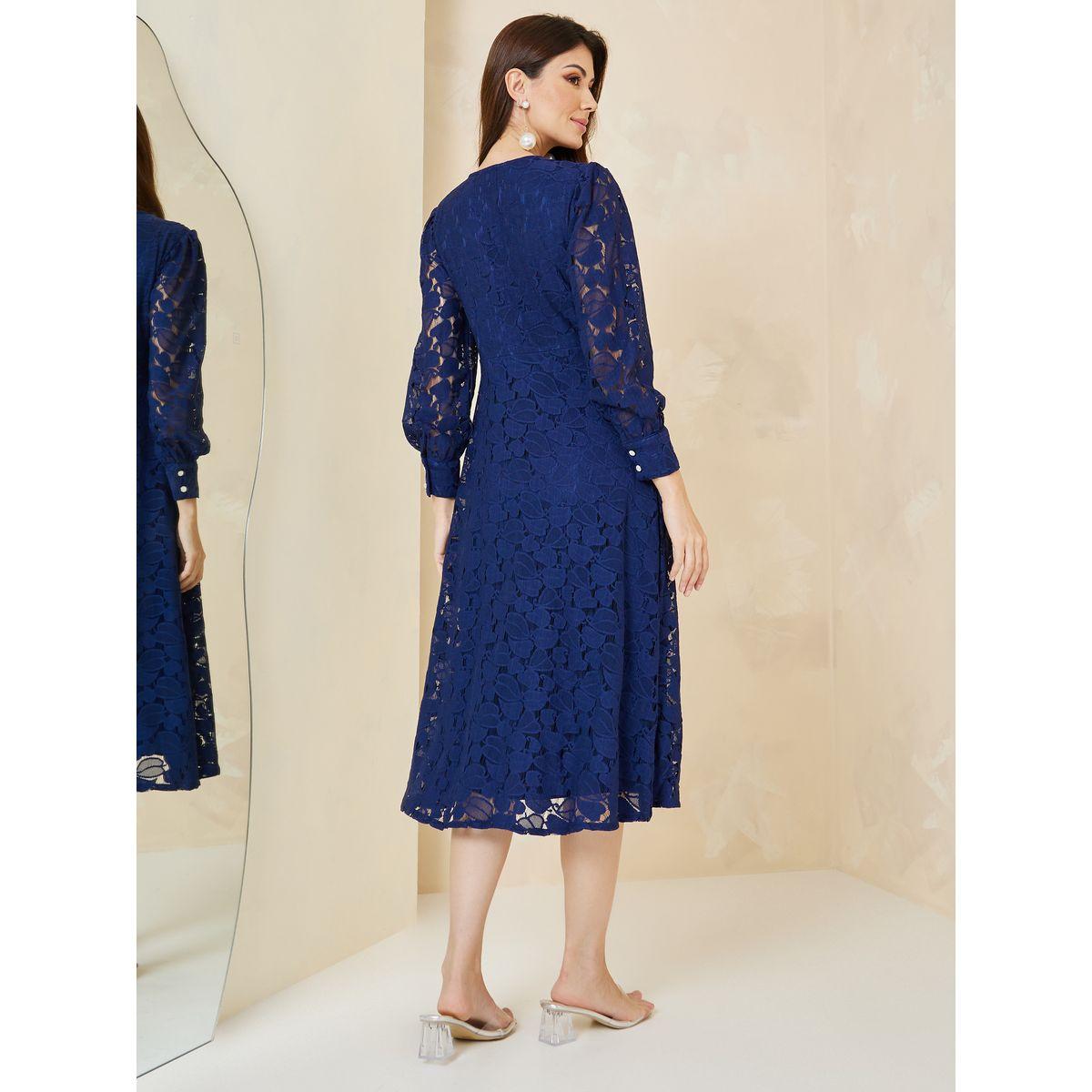 Styli V Neck Lace Insert A-Line Midi Dress-women-clothing-dresses-image-4