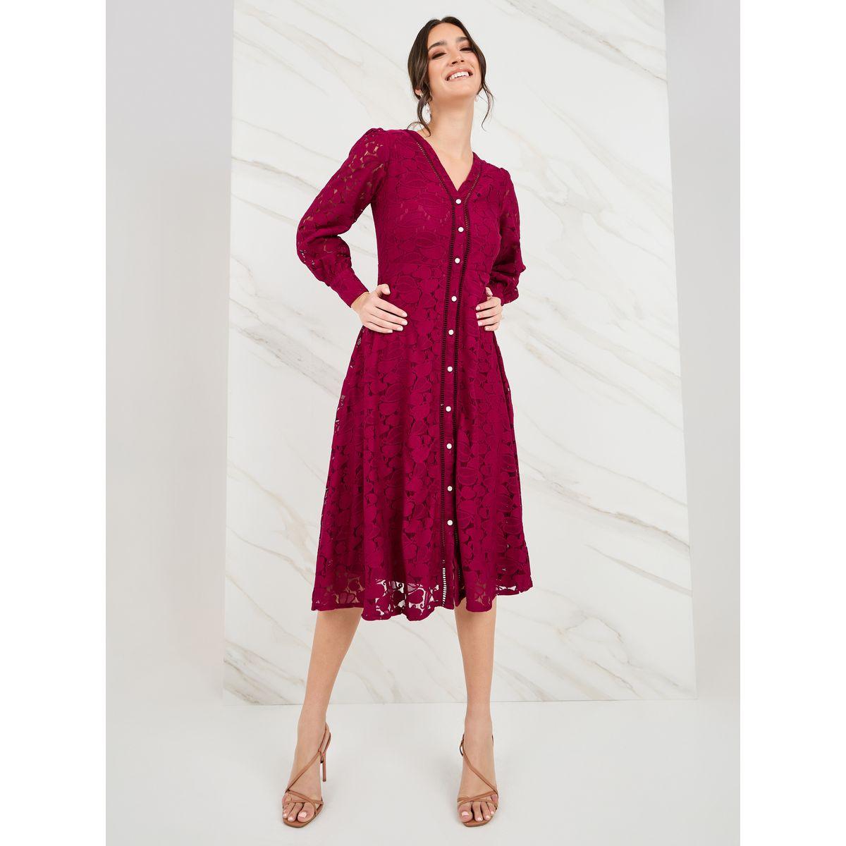Styli V Neck Lace Insert A-Line Midi Dress-women-clothing-dresses-image-1