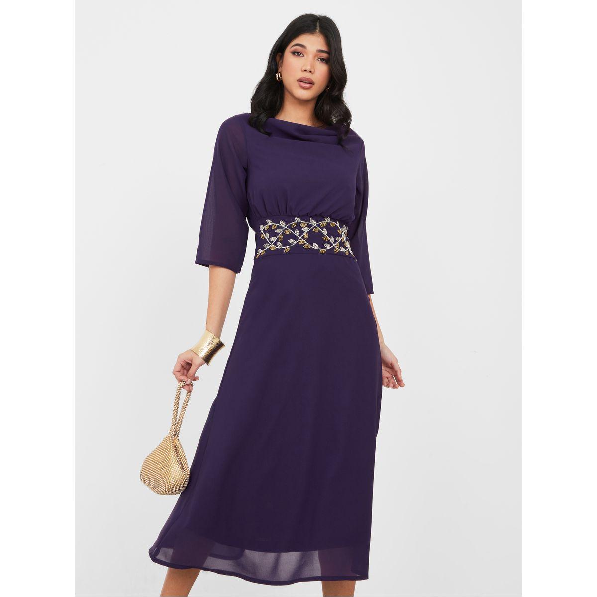 Styli Beaded Waistband Cowl Neck A-Line Midi Dress-women-clothing-dresses-image-1