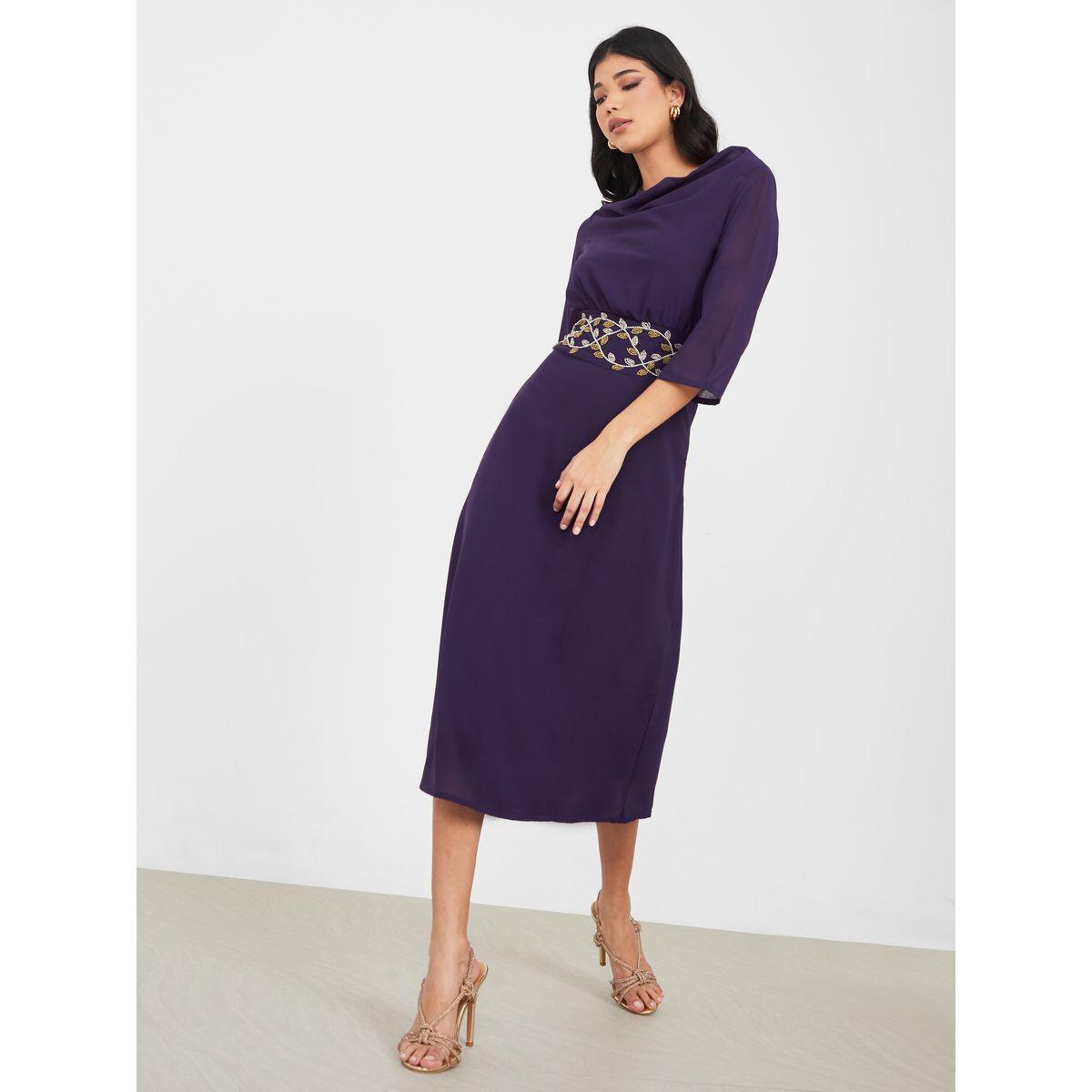 Styli Beaded Waistband Cowl Neck A-Line Midi Dress-women-clothing-dresses-image-2