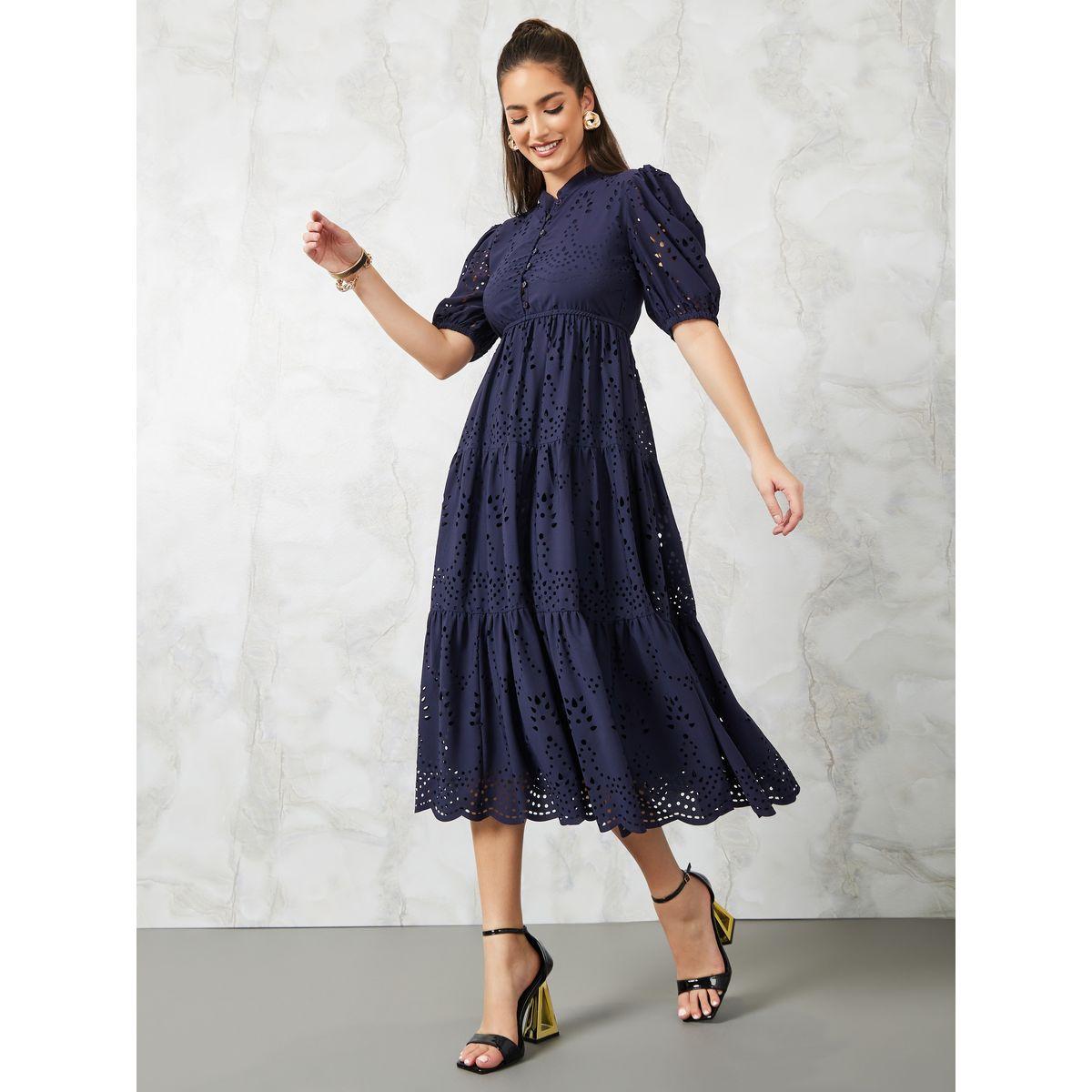 Styli Cutwork Pattern A-Line Midi Dress with Cuffed Sleeve-women-clothing-dresses-image-1