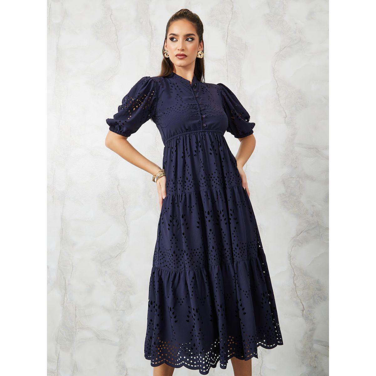 Styli Cutwork Pattern A-Line Midi Dress with Cuffed Sleeve-women-clothing-dresses-image-2