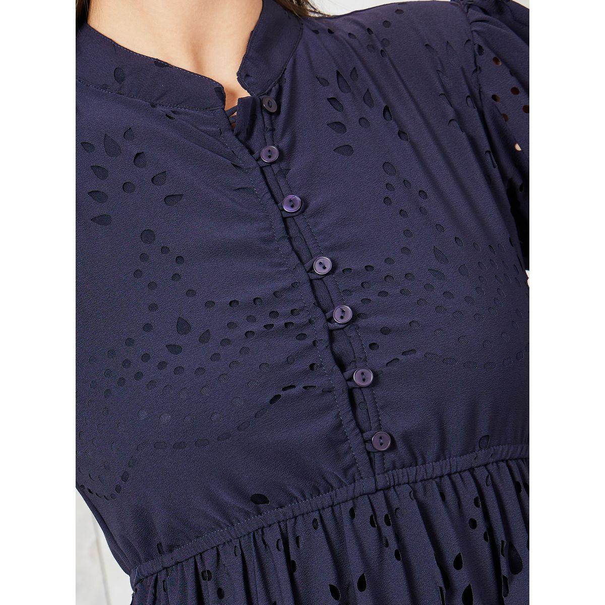 Styli Cutwork Pattern A-Line Midi Dress with Cuffed Sleeve-women-clothing-dresses-image-3