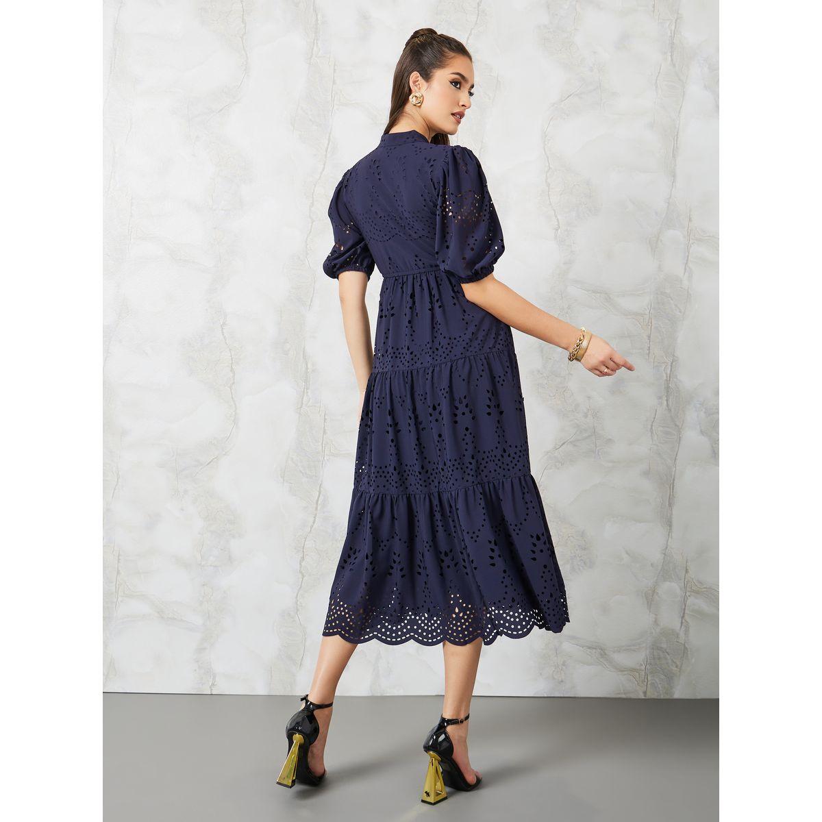 Styli Cutwork Pattern A-Line Midi Dress with Cuffed Sleeve-women-clothing-dresses-image-4