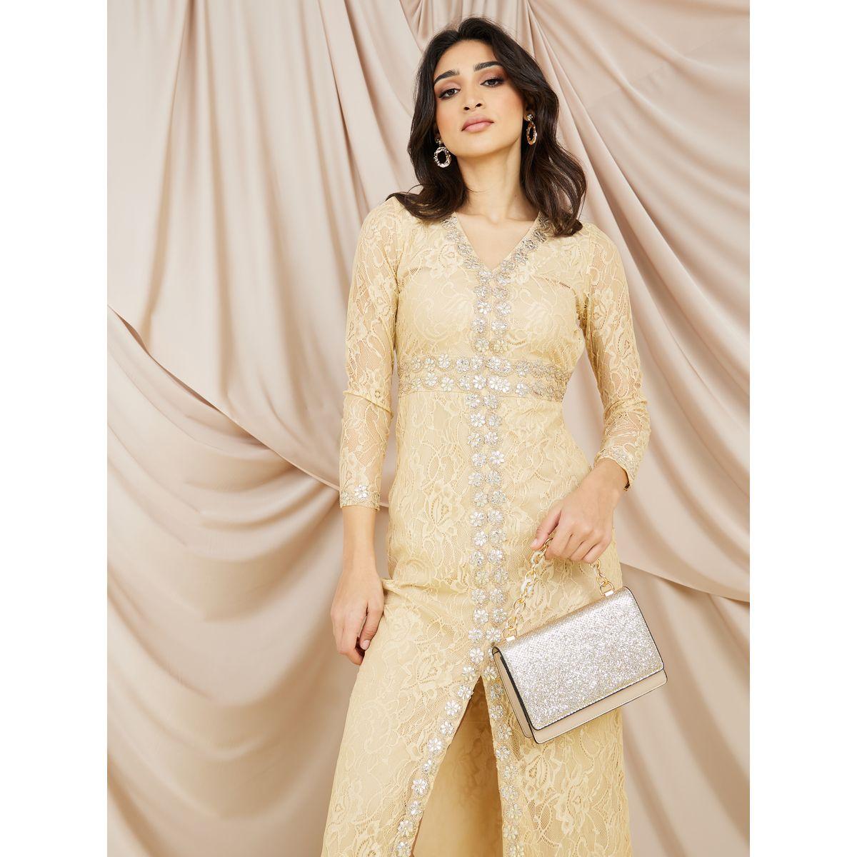 Styli Embellished A-Line Midi Dress with Front Slit-women-clothing-dresses-image-2