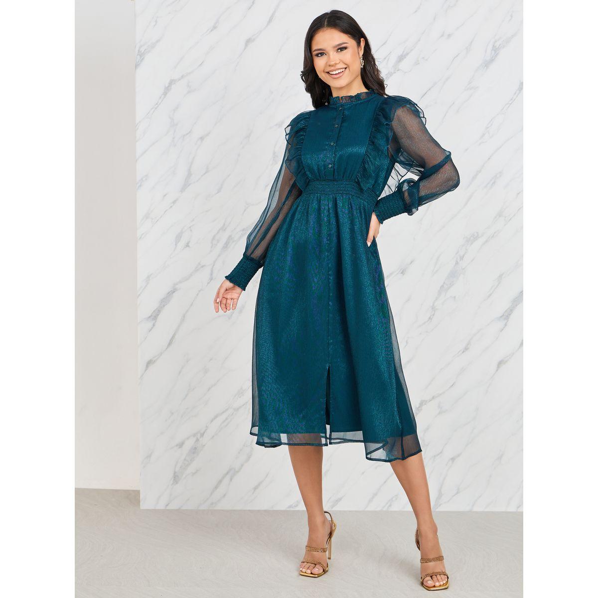 فستان ميدي اورجانزا بياقة عالية وكشكش-women-clothing-dresses-image-1