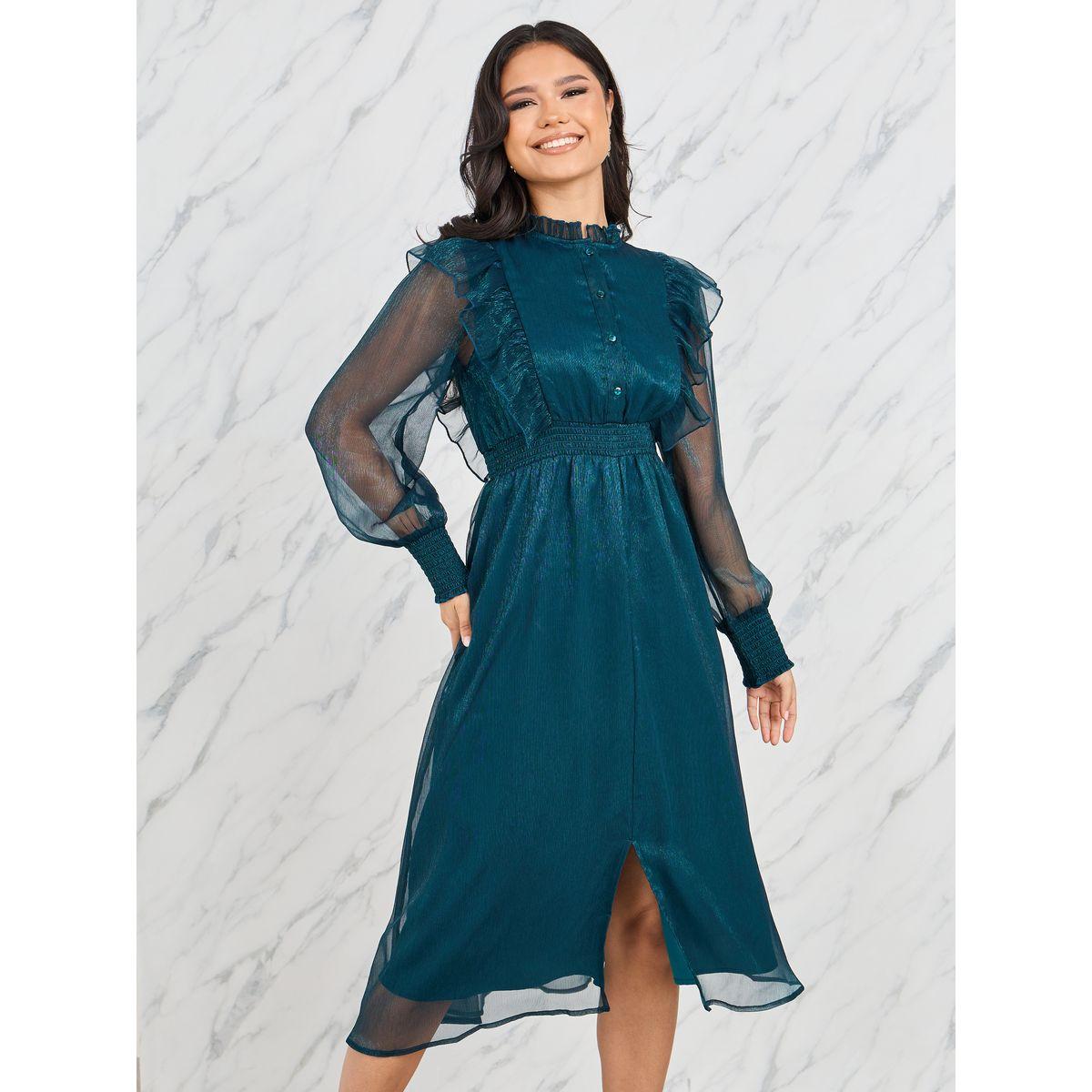 فستان ميدي اورجانزا بياقة عالية وكشكش-women-clothing-dresses-image-2