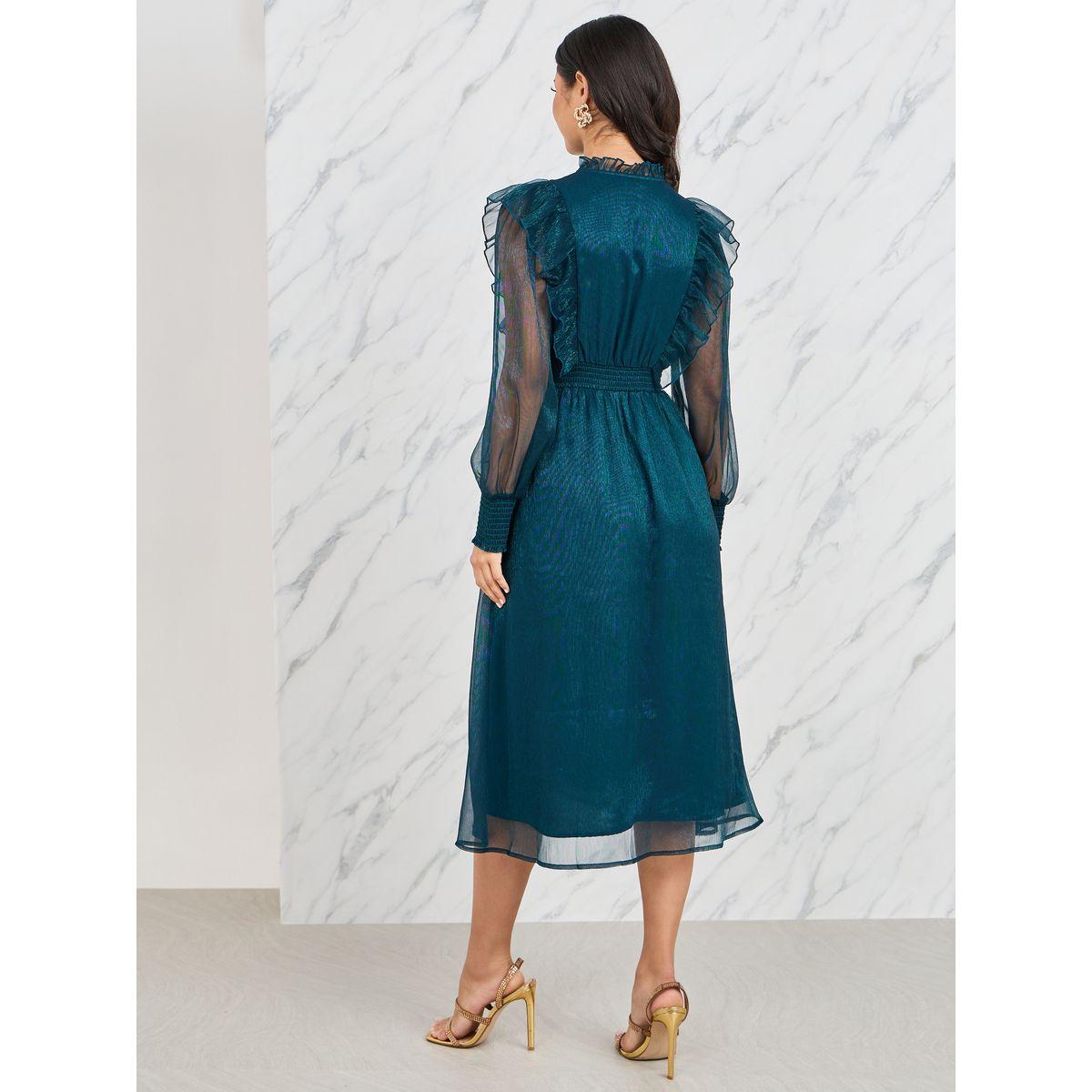 فستان ميدي اورجانزا بياقة عالية وكشكش-women-clothing-dresses-image-4