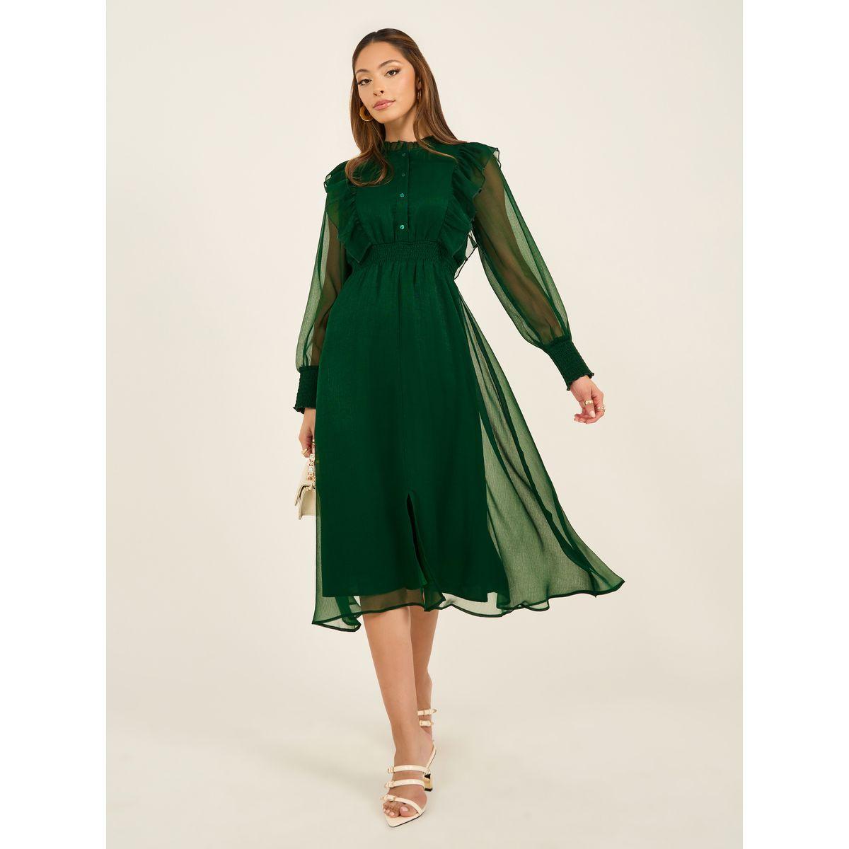 فستان طويل بأكمام مكشكشة وأكمام على شكل حرف A-women-clothing-dresses-image-1