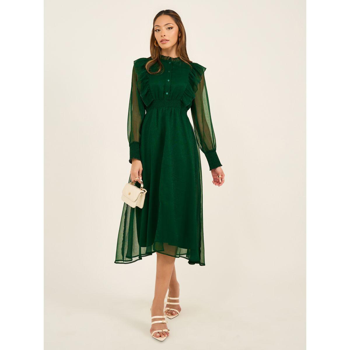 فستان طويل بأكمام مكشكشة وأكمام على شكل حرف A-women-clothing-dresses-image-2