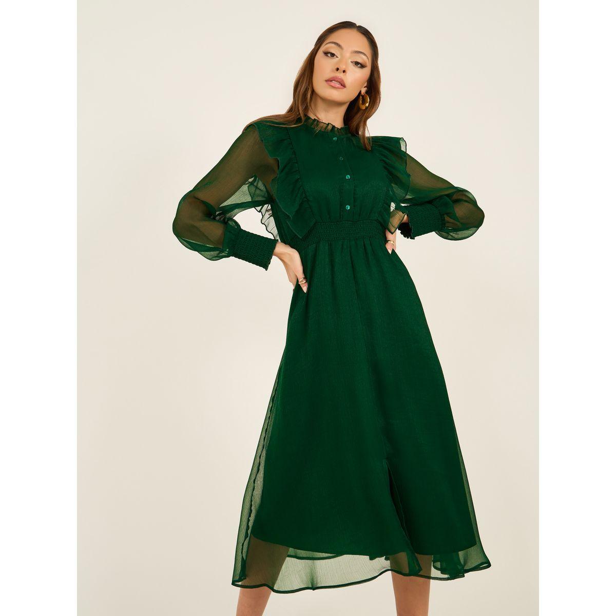 فستان طويل بأكمام مكشكشة وأكمام على شكل حرف A-women-clothing-dresses-image-4