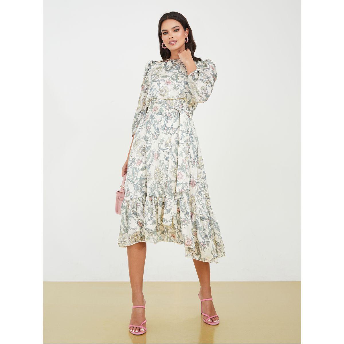 Styli Puff Sleeves Printed Satin Midi Dress with Tie Belt-women-clothing-dresses-image-2