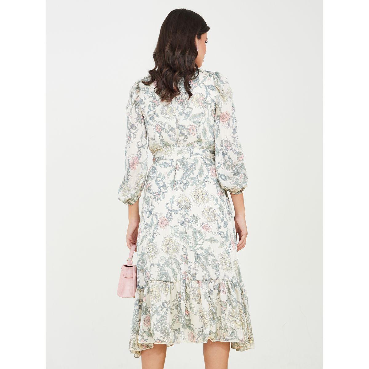 Styli Puff Sleeves Printed Satin Midi Dress with Tie Belt-women-clothing-dresses-image-4