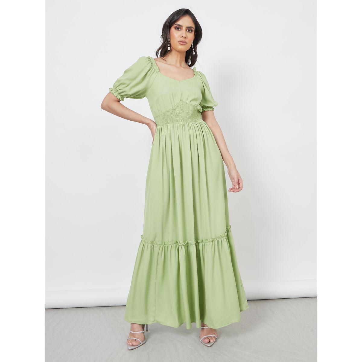 فستان طويل بكسرات واكمام منفوشة-women-clothing-dresses-image-1