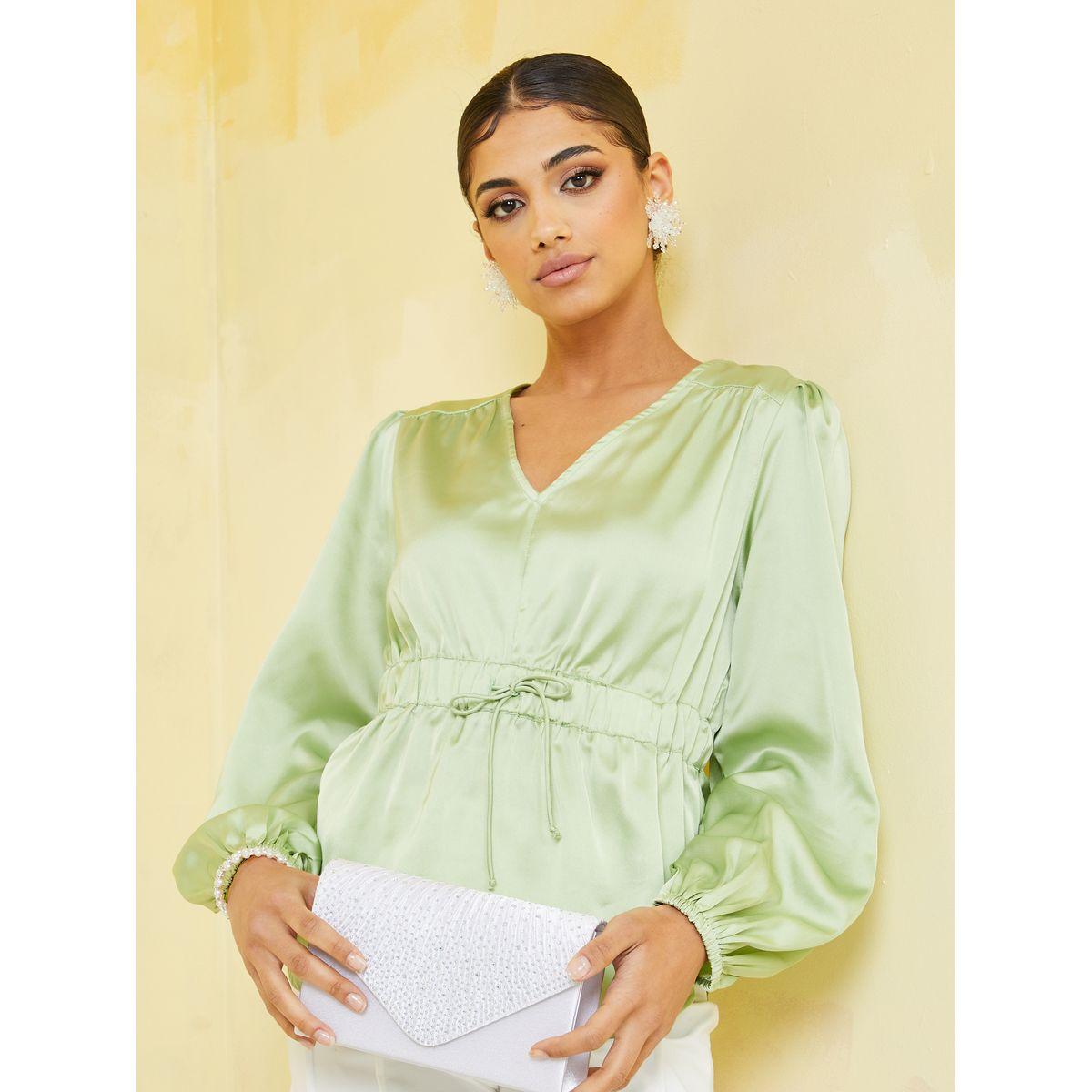 Styli Volume Sleeve Drawstring Waist V Neck Blouse-women-clothing-shirtsandblouses-blouses-image-1