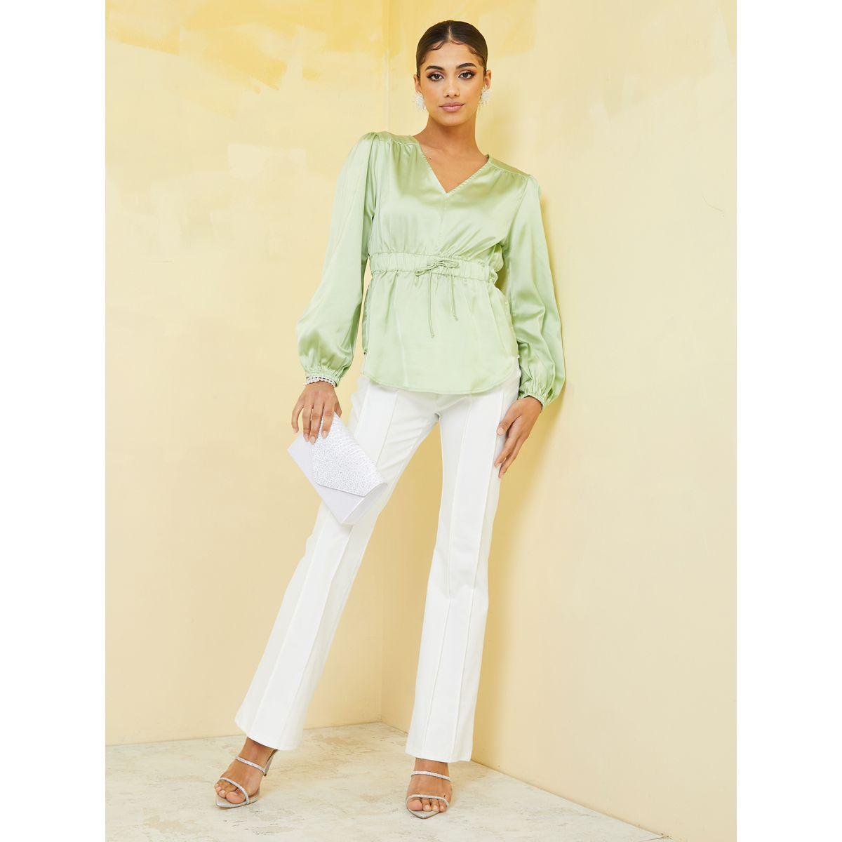 Styli Volume Sleeve Drawstring Waist V Neck Blouse-women-clothing-shirtsandblouses-blouses-image-2