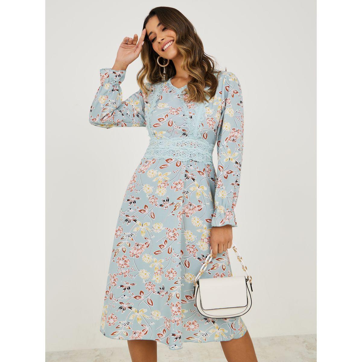 Styli Floral Print Lace Insert A-Line Midi Dress-women-clothing-dresses-image-1