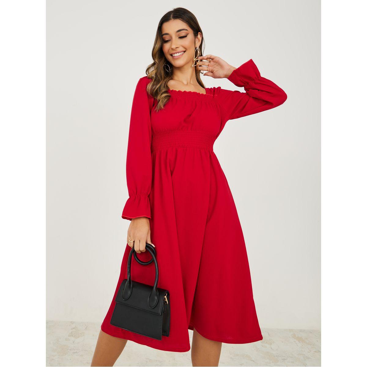 Styli Square Neck Gathered A-Line Midi Dress-women-clothing-dresses-image-1