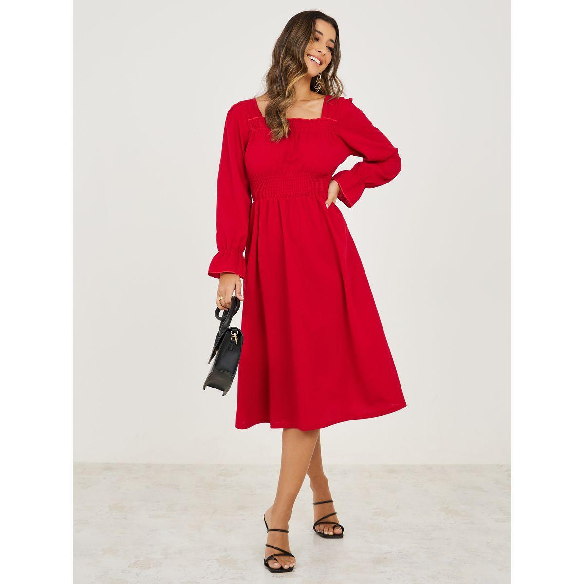 Styli Square Neck Gathered A-Line Midi Dress-women-clothing-dresses-image-2