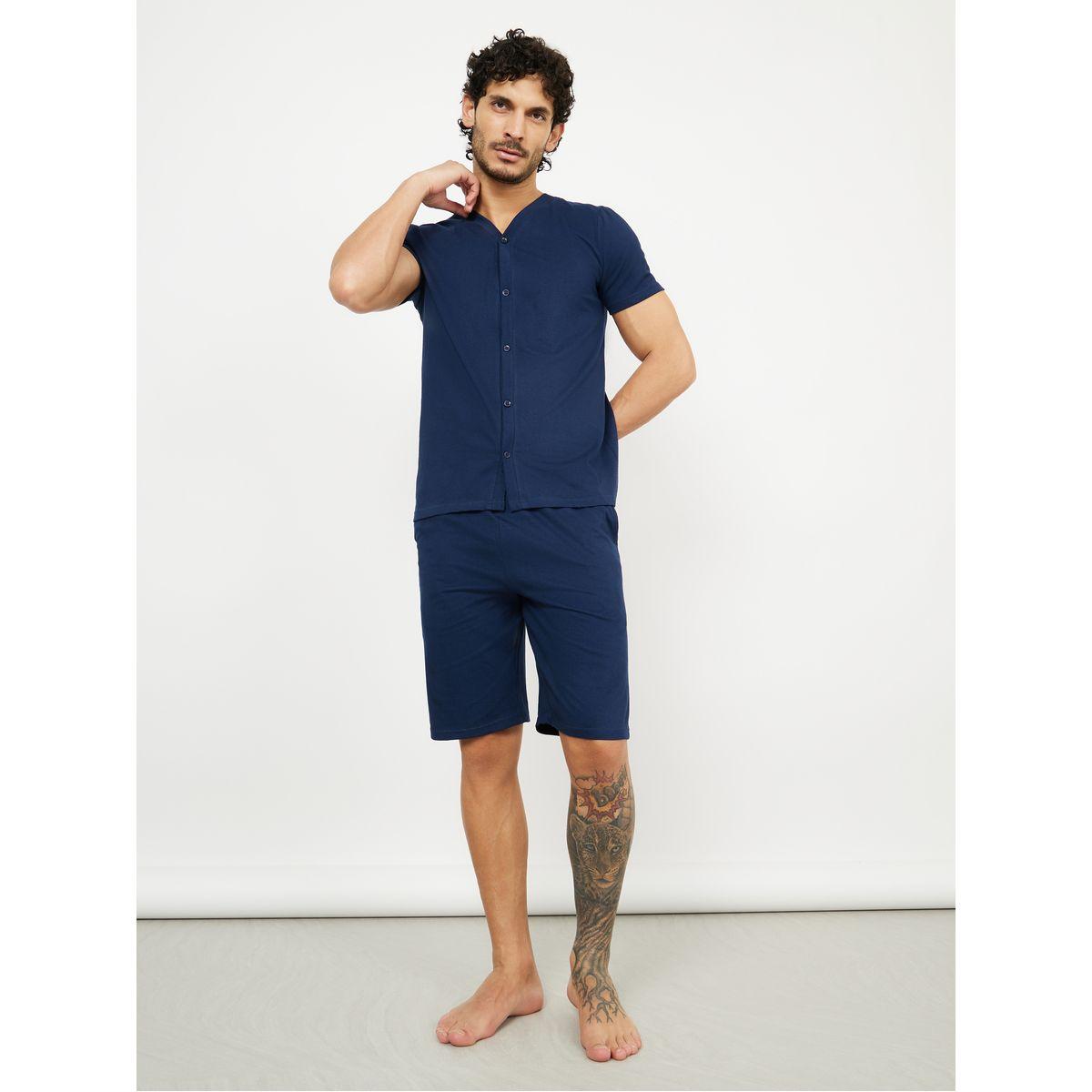 Styli Unwind Solid Knit Shirt & Shorts Nightwear Set-men-clothing-nightwear-sets-image-1