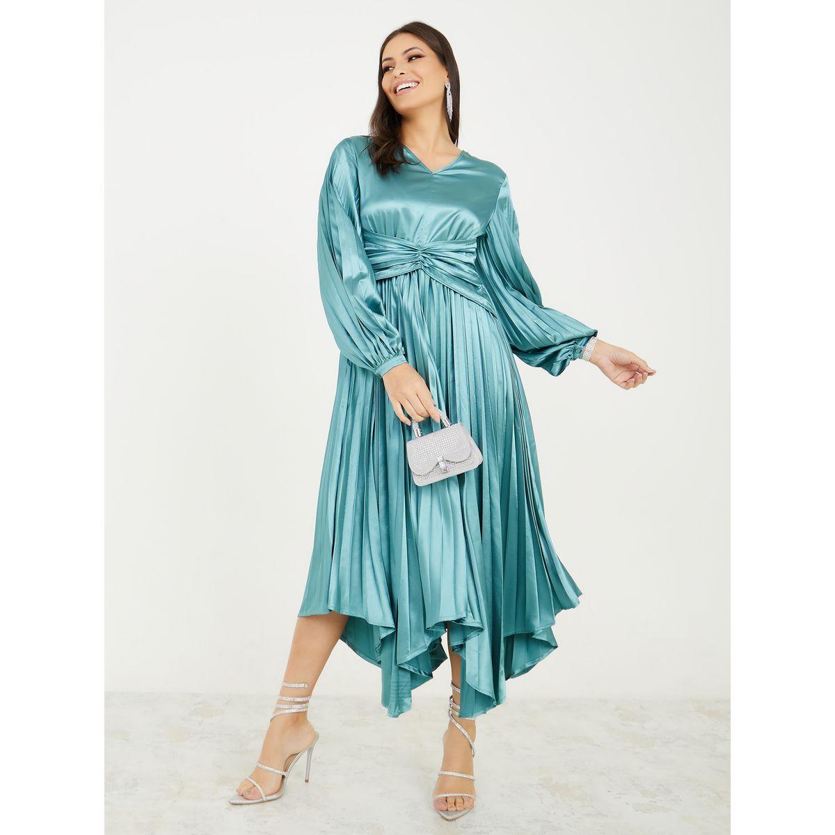 فستان ميدي ساتان مزين بكسرات-women-clothing-dresses-image-1