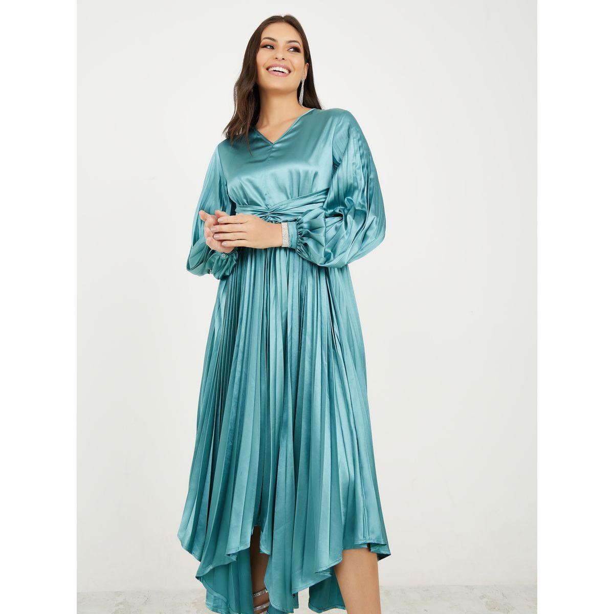 فستان ميدي ساتان مزين بكسرات-women-clothing-dresses-image-2