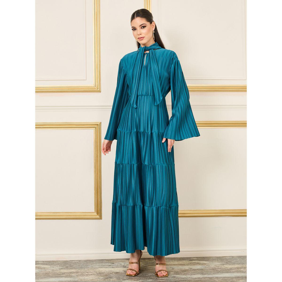 فستان ساتان طويل بكسرات وياقة بأربطة-women-clothing-dresses-image-1