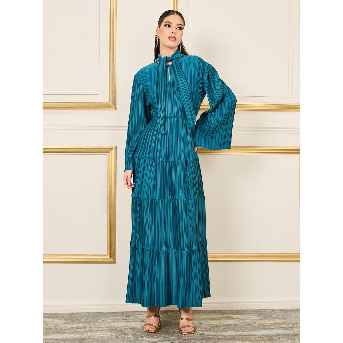 فستان ساتان طويل بكسرات وياقة بأربطة-women-clothing-dresses-image-2