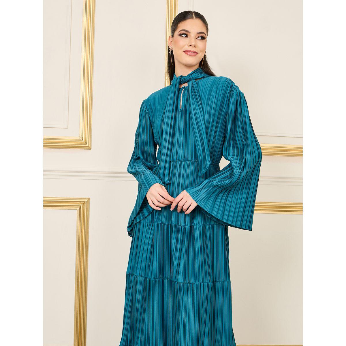فستان ساتان طويل بكسرات وياقة بأربطة-women-clothing-dresses-image-3