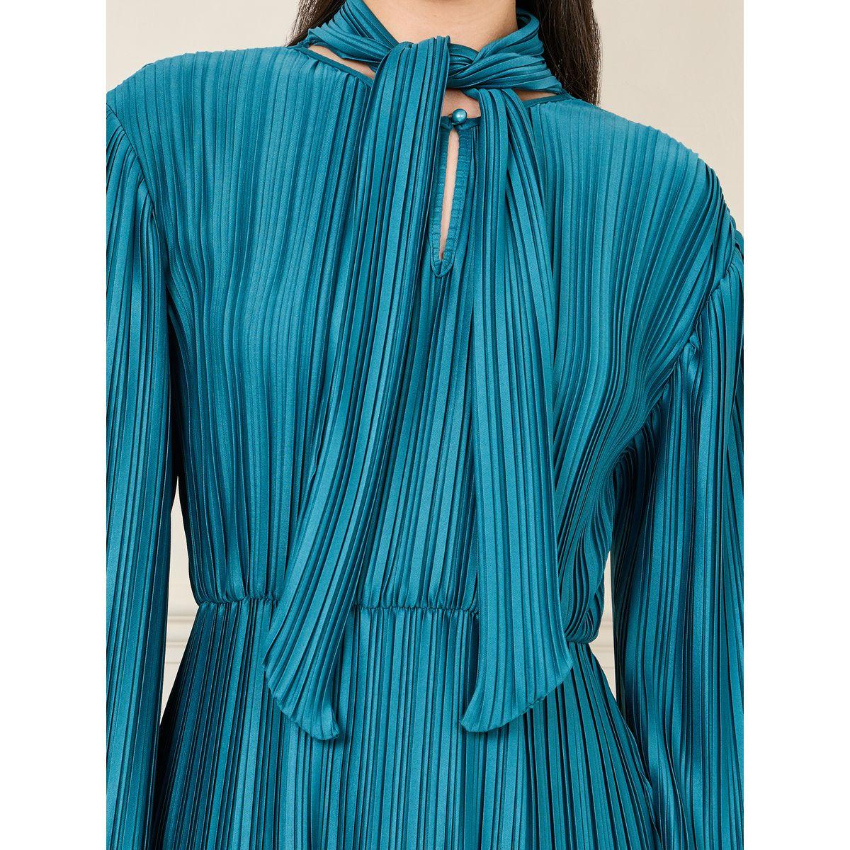 فستان ساتان طويل بكسرات وياقة بأربطة-women-clothing-dresses-image-4