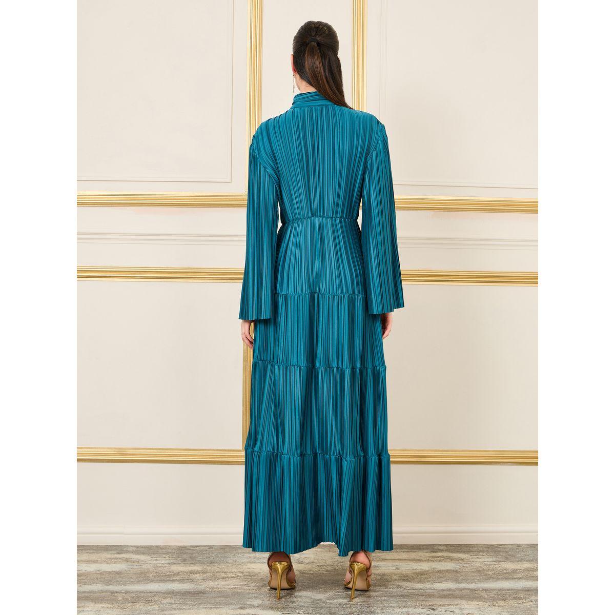 فستان ساتان طويل بكسرات وياقة بأربطة-women-clothing-dresses-image-5
