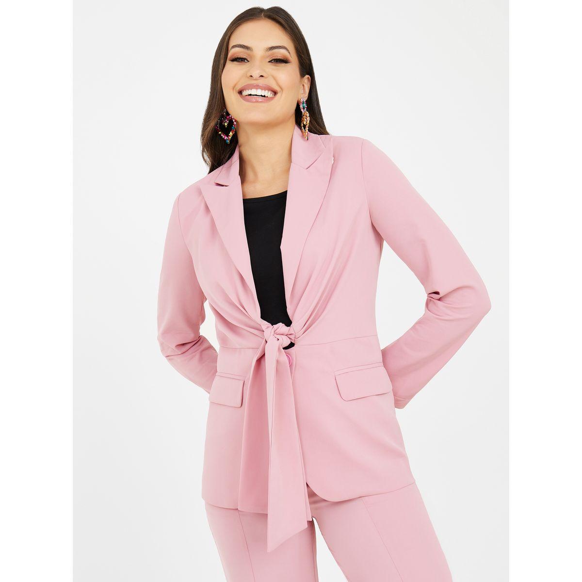 بليزر طويل مزين بربطة امامية-women-clothing-coatsandjackets-blazers-image-1