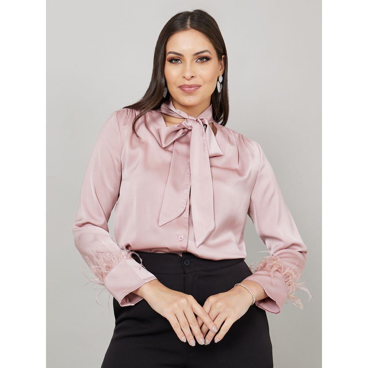 Styli Limited Satin Tie Up Neck Blouse with Feather Cuff Detail-women-clothing-shirtsandblouses-blouses-image-1