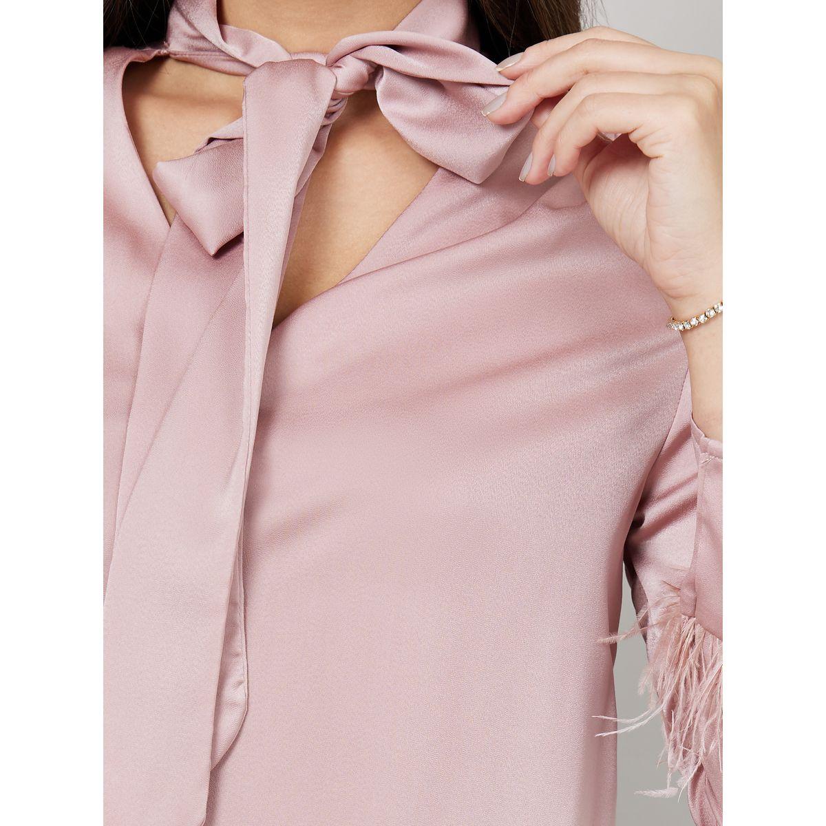 Styli Limited Satin Tie Up Neck Blouse with Feather Cuff Detail-women-clothing-shirtsandblouses-blouses-image-4