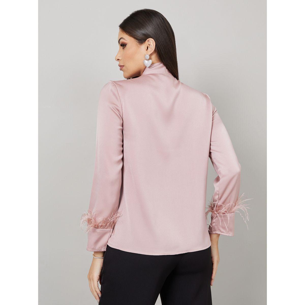 Styli Limited Satin Tie Up Neck Blouse with Feather Cuff Detail-women-clothing-shirtsandblouses-blouses-image-5