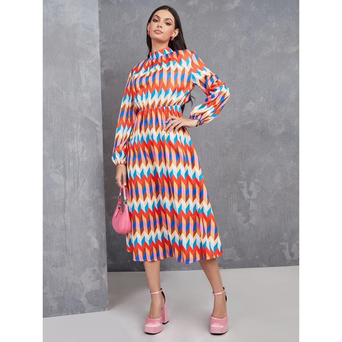 فستان ميدي مطبع بطبعة هندسية-women-clothing-dresses-image-1