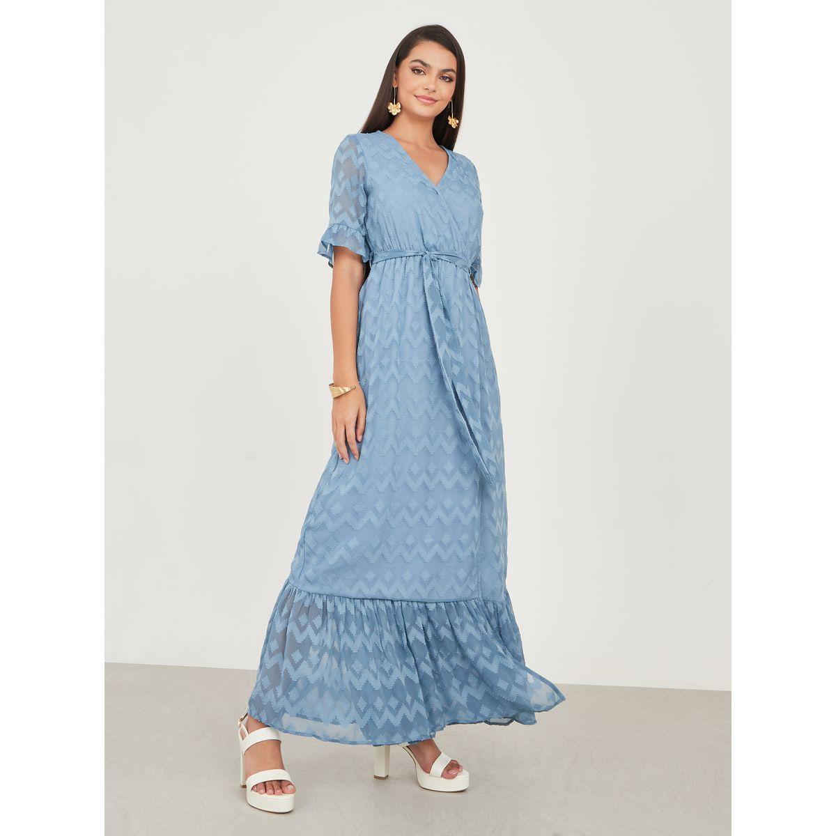 Styli Dobby Textured A-Line Maxi Dress with Self Tie Up-women-clothing-dresses-image-1