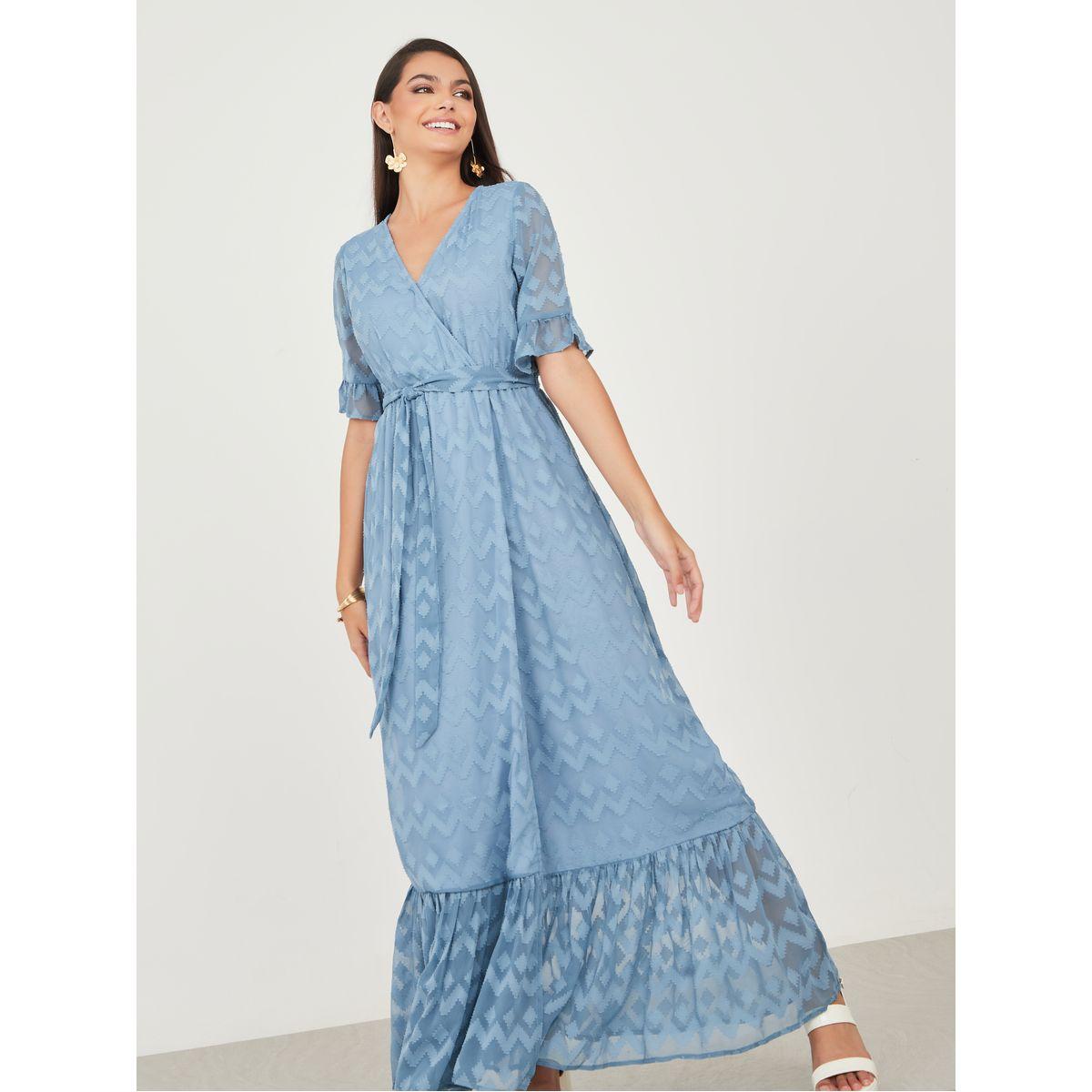 Styli Dobby Textured A-Line Maxi Dress with Self Tie Up-women-clothing-dresses-image-2