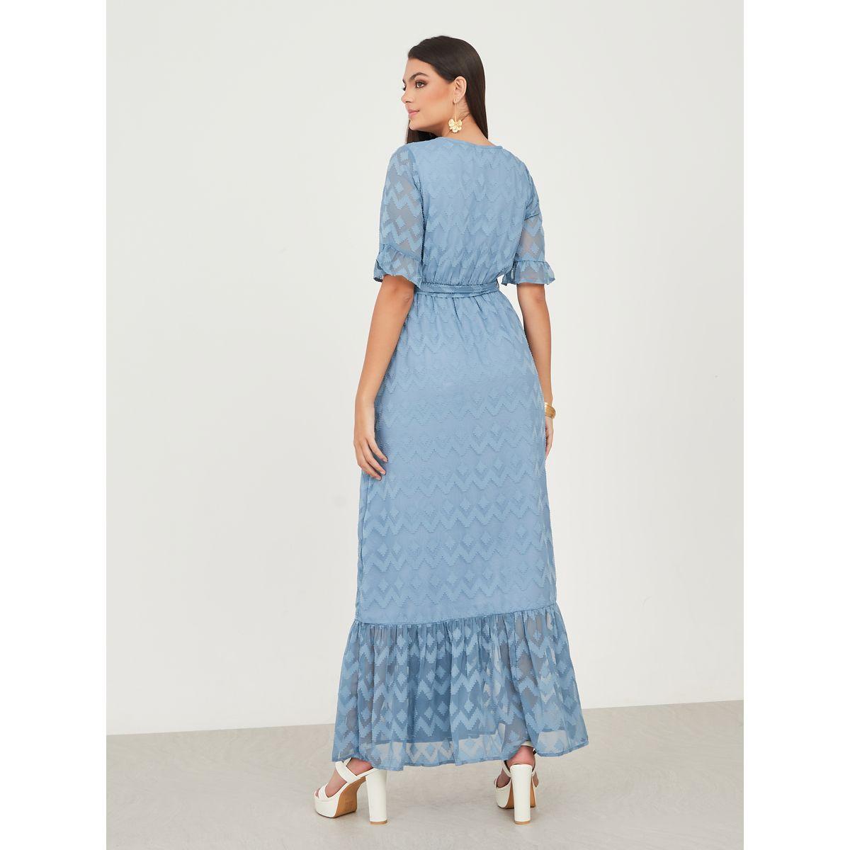 Styli Dobby Textured A-Line Maxi Dress with Self Tie Up-women-clothing-dresses-image-4
