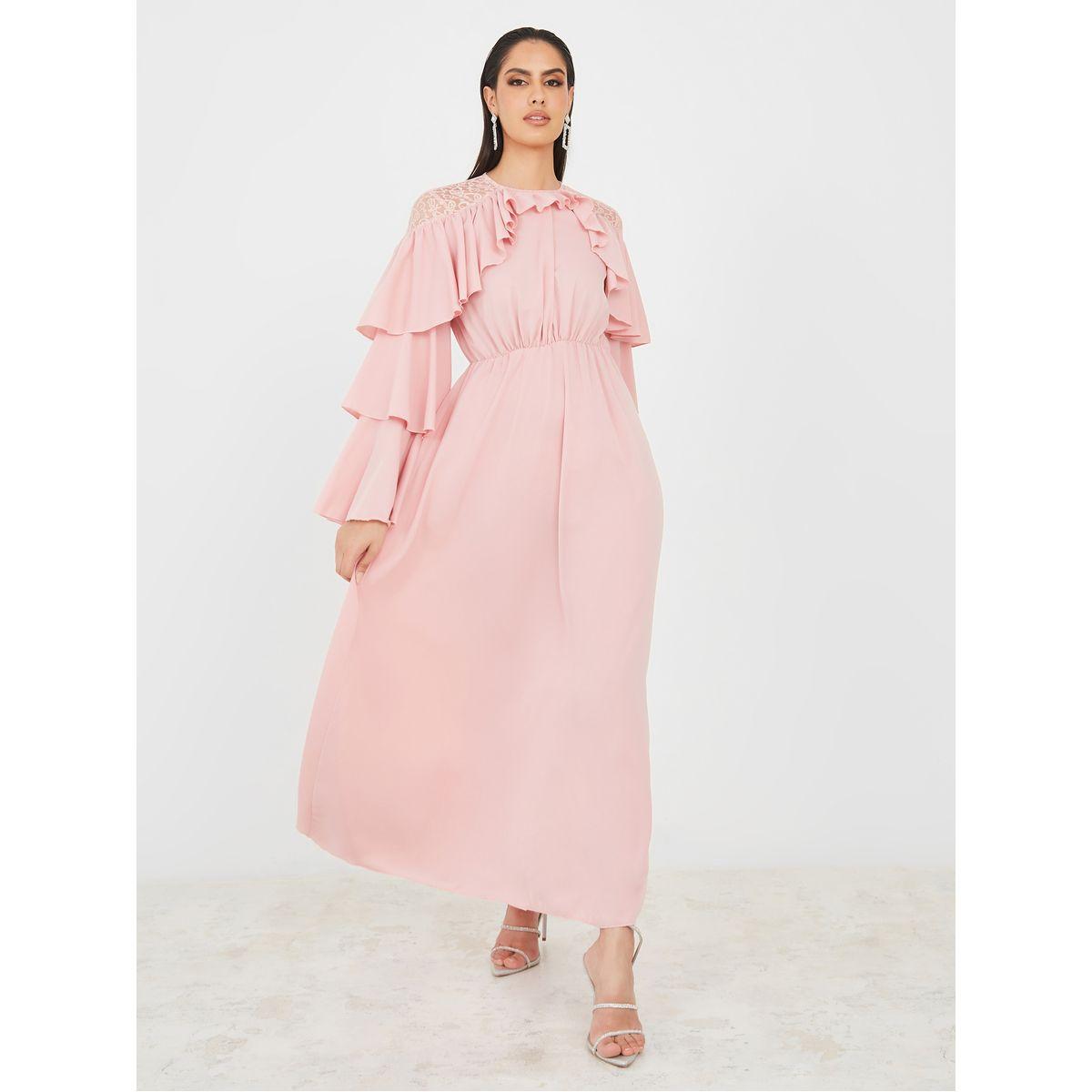 فستان طويل بتداخلات دانتيل وكشكش-women-clothing-dresses-image-1