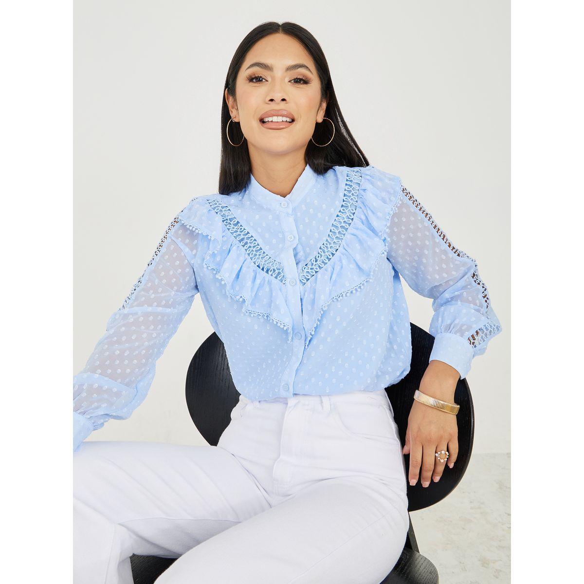 Styli Limited Dobby Ruffle Detail High Neck Shirt-women-clothing-shirtsandblouses-shirts-image-1