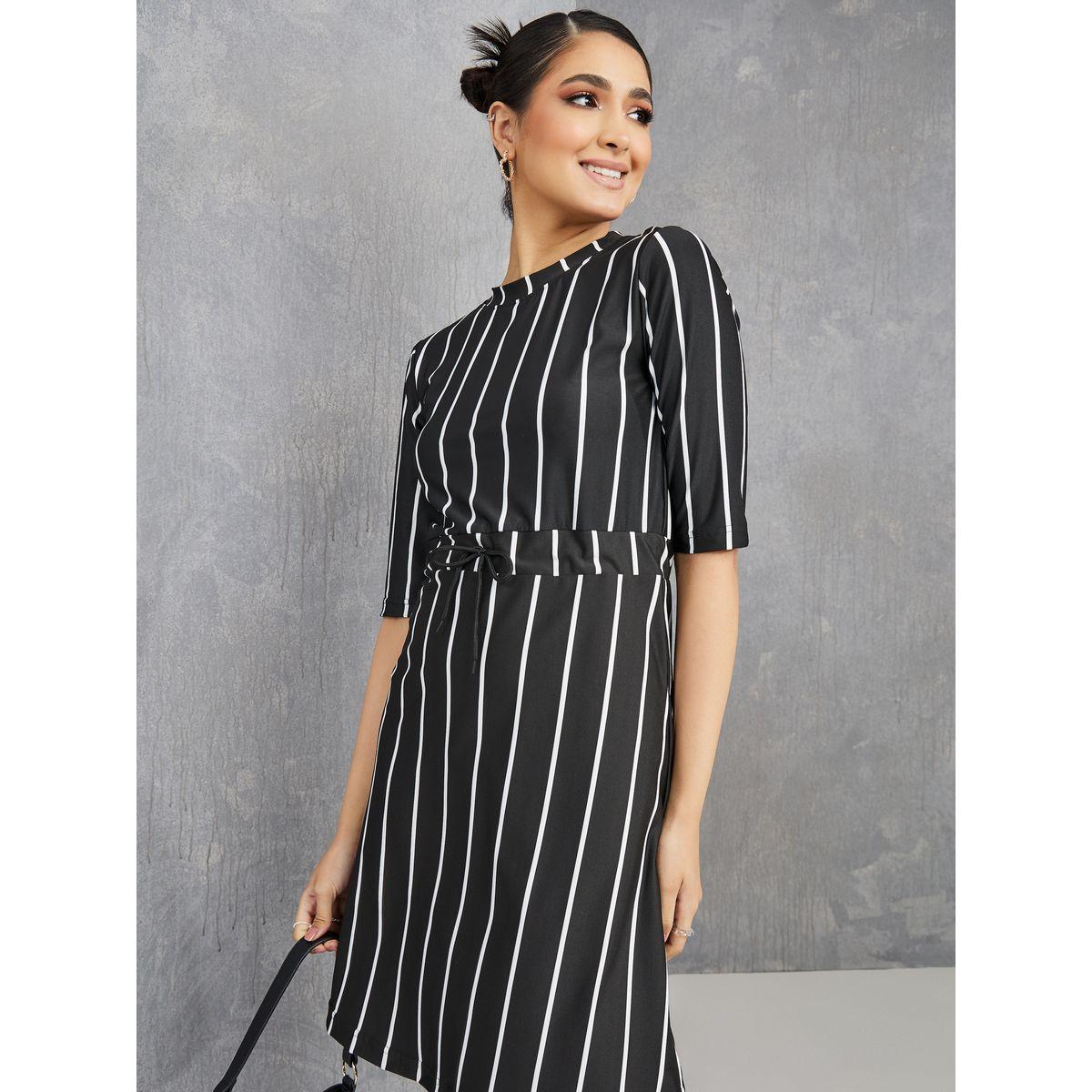 Styli Short Sleeve Striped Round Neck Knee Length Dress-women-clothing-dresses-image-1