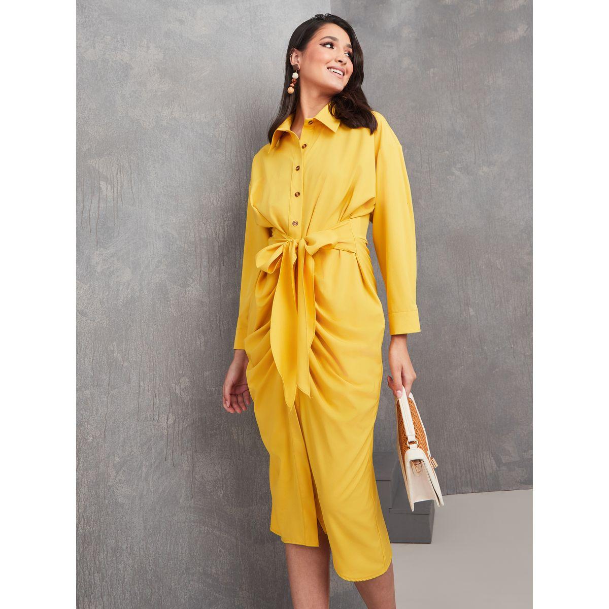 Styli Ruched Detail Front Tie Midi Shirt Dress-women-clothing-dresses-image-1