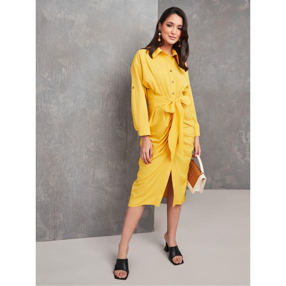 Styli Ruched Detail Front Tie Midi Shirt Dress-women-clothing-dresses-image-2