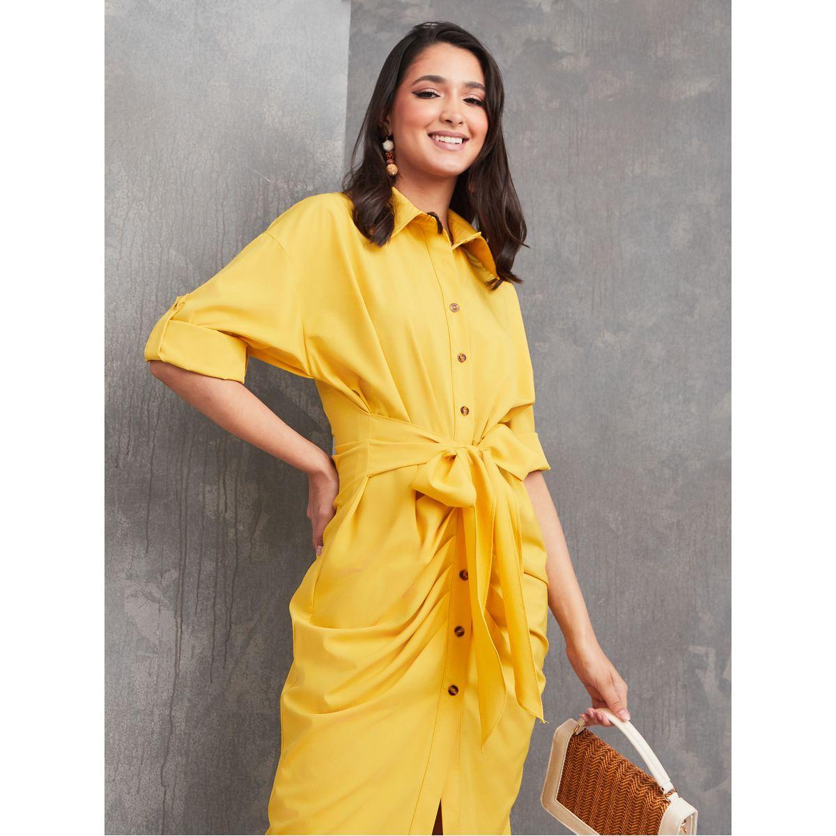 Styli Ruched Detail Front Tie Midi Shirt Dress-women-clothing-dresses-image-3