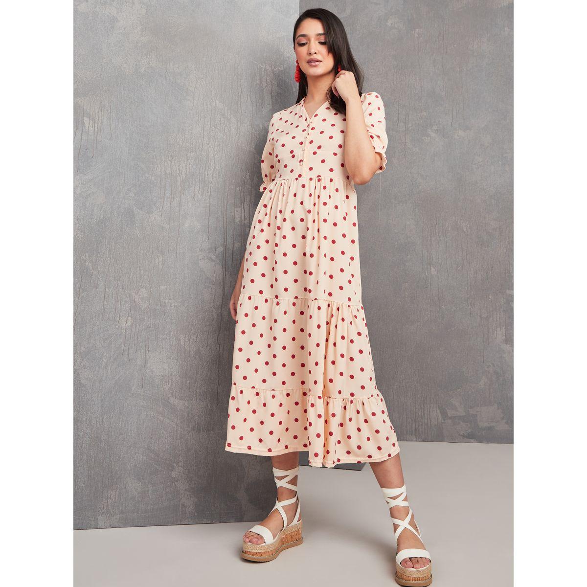 Styli V Neck Polka Dot Print Tiered Maxi Dress-women-clothing-dresses-image-2