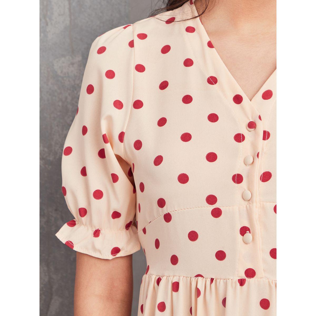 Styli V Neck Polka Dot Print Tiered Maxi Dress-women-clothing-dresses-image-3