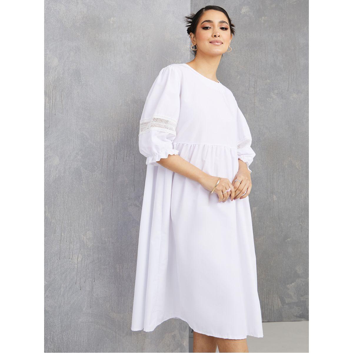 Styli Puff Short Sleeves Lace Detail Midi Dress-women-clothing-dresses-image-1