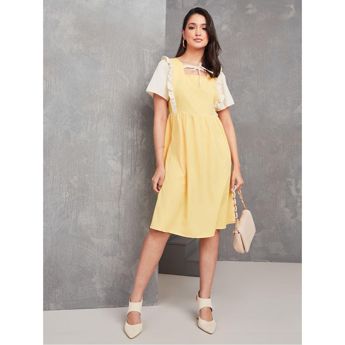 Styli Square Neck Tie Detail Knee Length Midi Dress-women-clothing-dresses-image-1