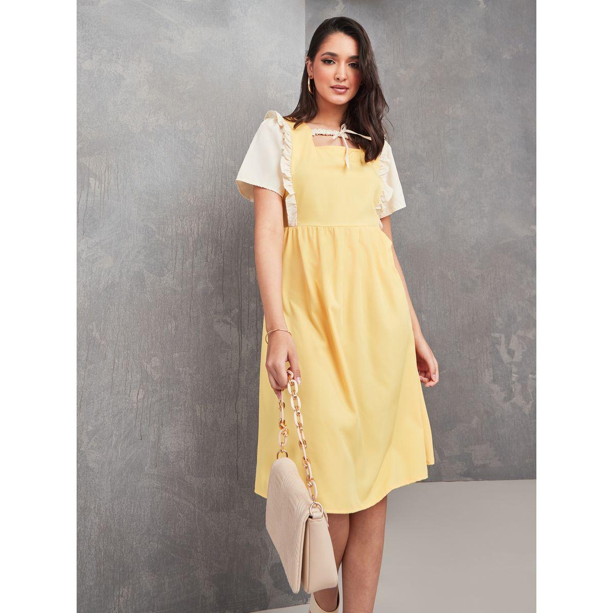 Styli Square Neck Tie Detail Knee Length Midi Dress-women-clothing-dresses-image-2